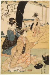 Joven samurái y asistentes femeninas practicando tiro con arco, mitad de un díptico, c.1800